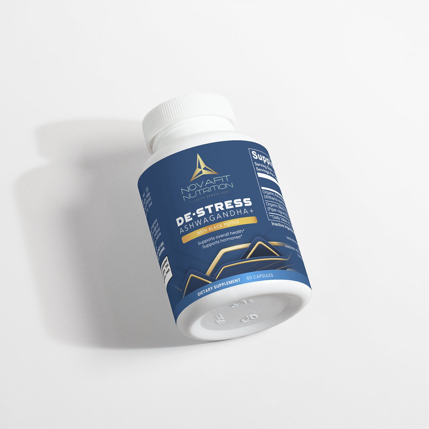 Dietrich supplement bottle on white surface: Novafit Nutrition Ashwagandha De-stress supplement, promoting natural stress reduction and well-being.