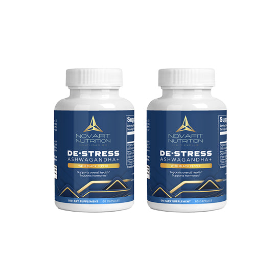 Novafit Nutrition's Ashwagandha De-stress supplement: Natural anxiety relief and relaxation in two bottles, supports mental clarity and aids in managing daily stressors.