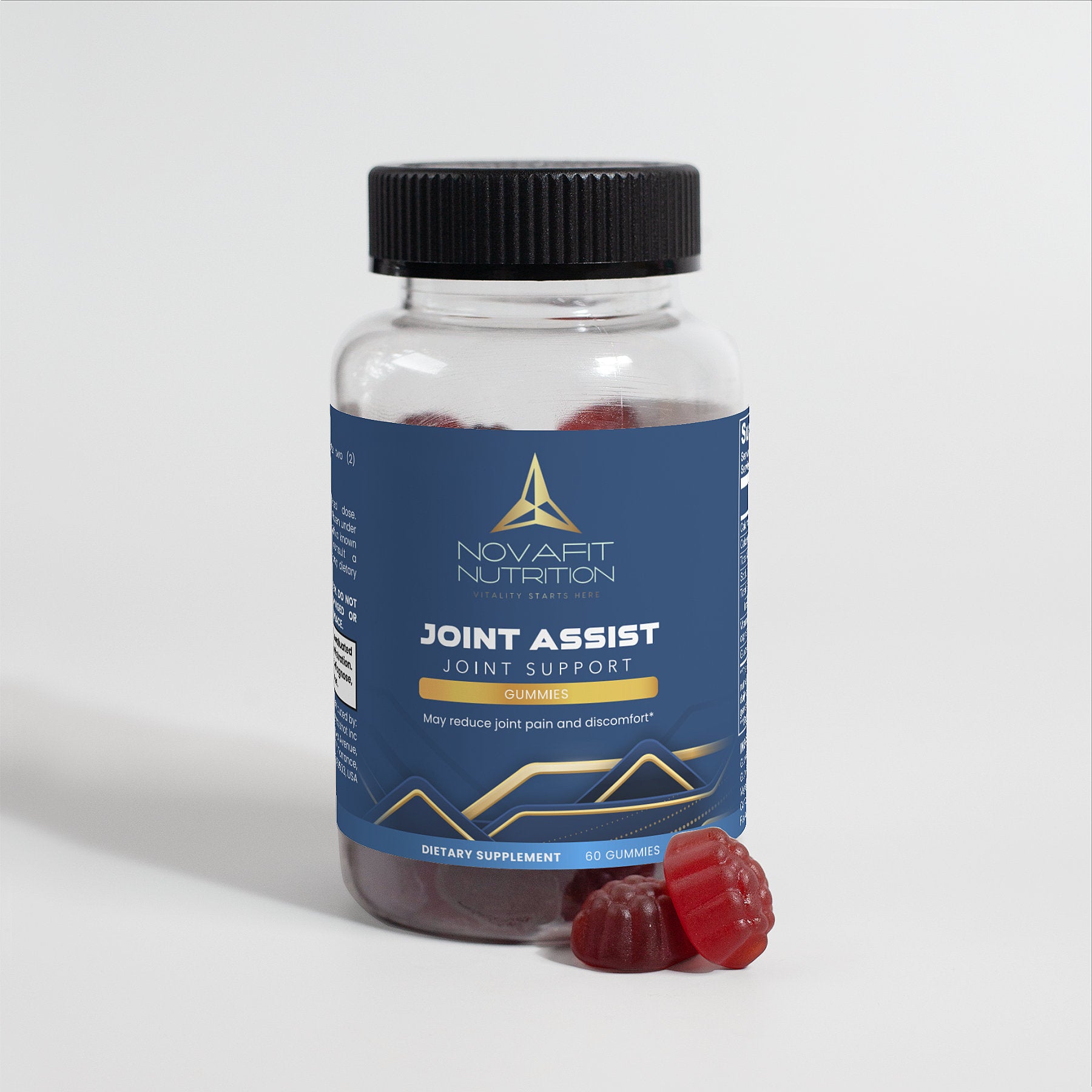 Vibrant joint asset gummies displayed with a bottle, formulated to reduce stiffness.