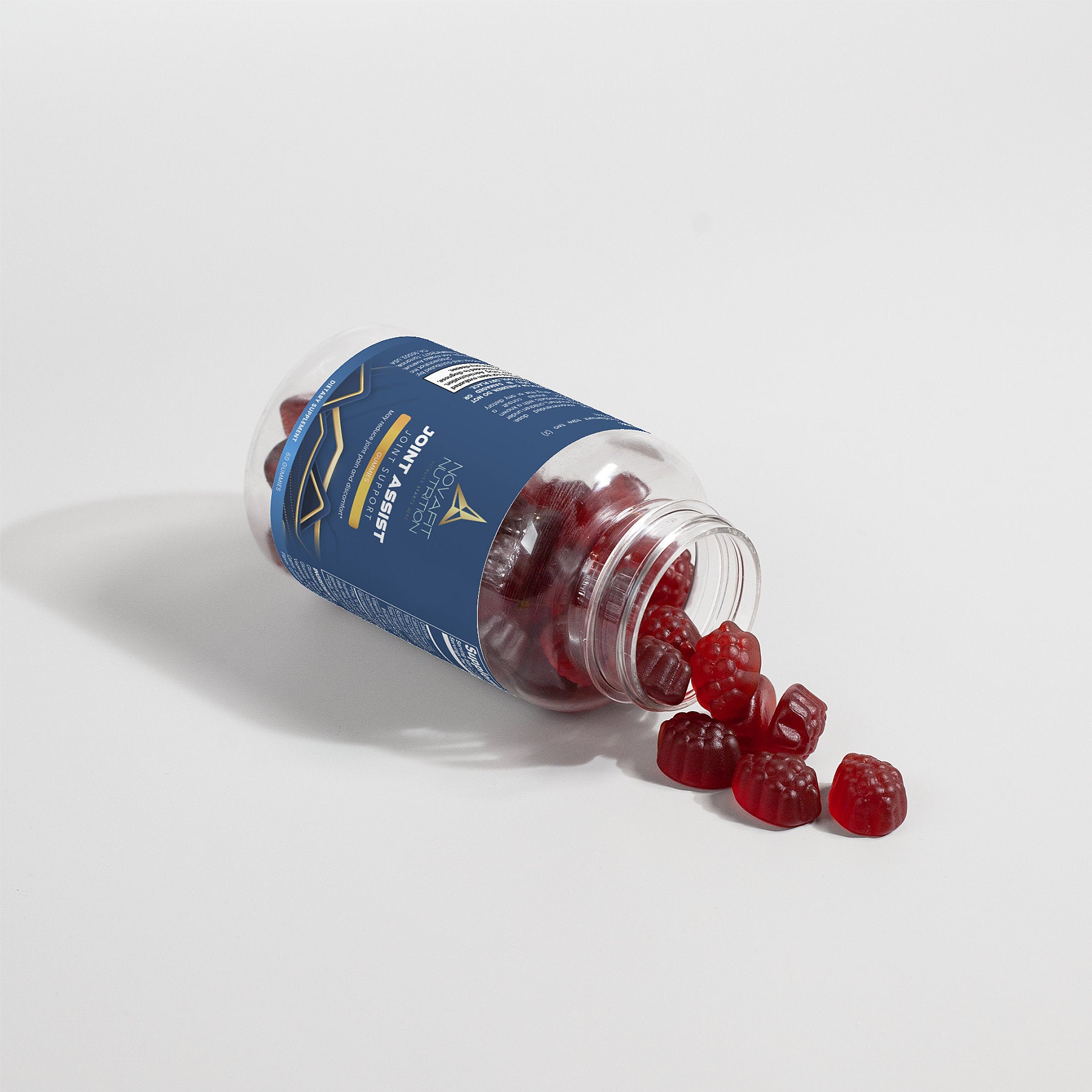 A bottle of red gummy bears on a white surface. Adult Joint Support Gummies containing glucosamine, chondroitin, and essential vitamins for joint health.