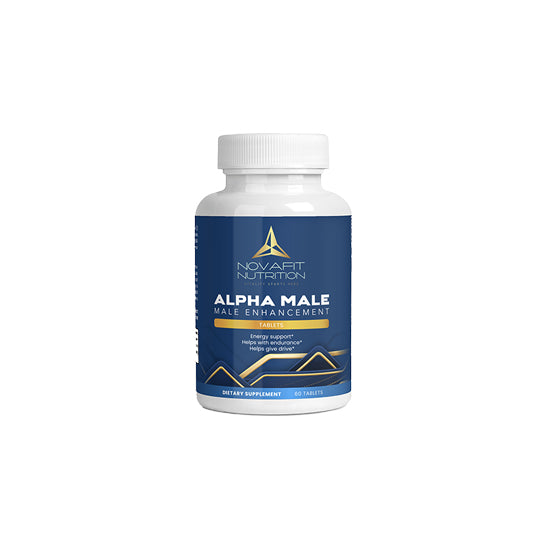 Alpha Male Enhancements supplement bottle by Novafit Nutrition: Boost vitality, performance, and testosterone support for men.