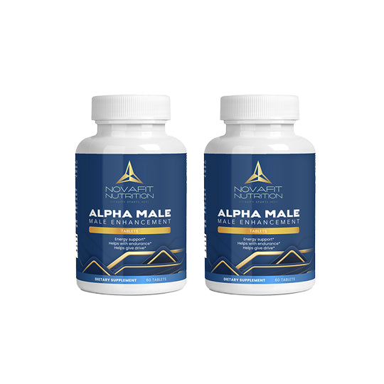 Alpha Male supplement bottles by Novafit Nutrition, designed to boost testosterone levels and enhance vitality.