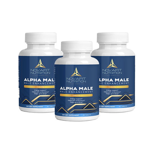 Novafit Nutrition Alpha Male Enhancements: 3 bottles for testosterone boosting and enhanced male performance.