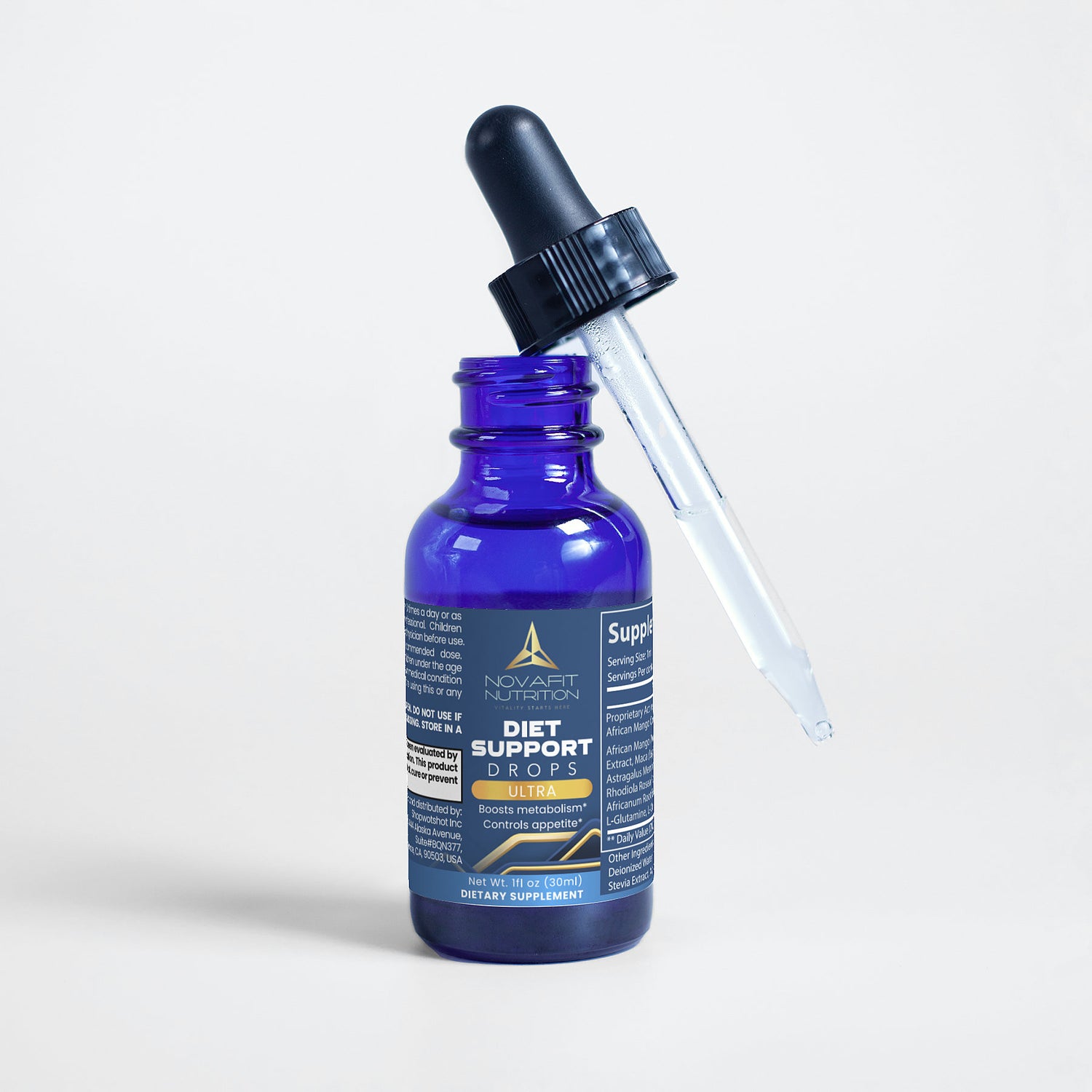 A bottle of Diet Drops Ultra 1oz with a dropper: an all-natural dietary supplement for sustainable weight loss and wellness.