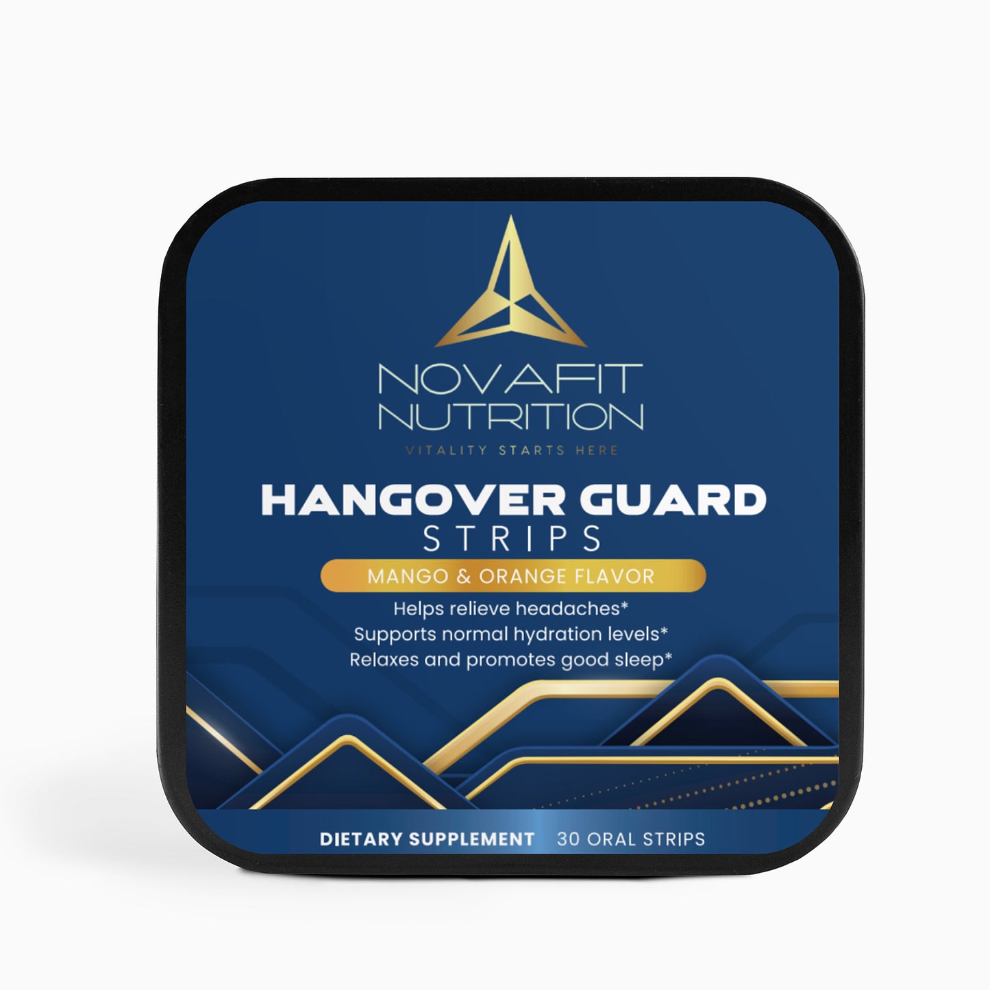 Hangover Strips - Novafit Nutrition: A box of Premium hangover strips of mango and orange flavor for detoxification and nutrient replenishment. 