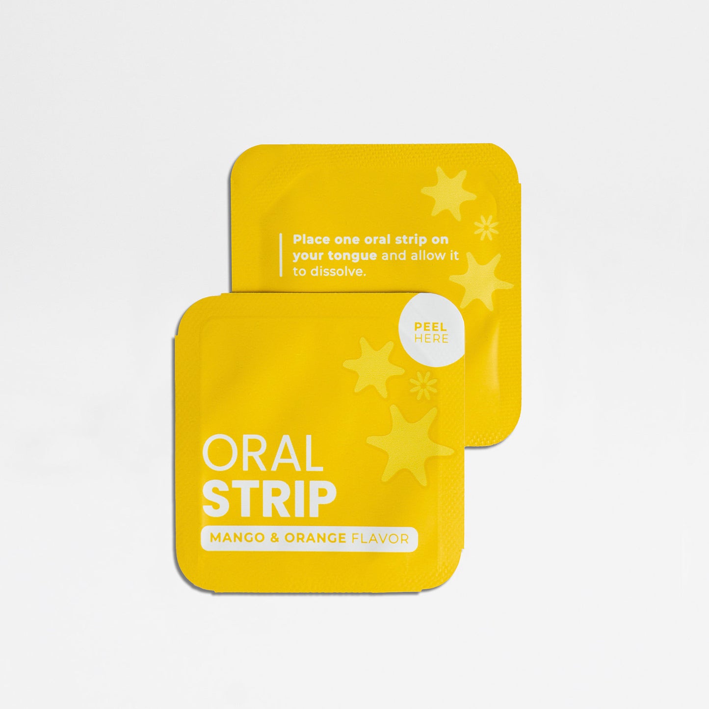  2 yellow oral strip in mango and orange flavor for rapid hangover recovery.