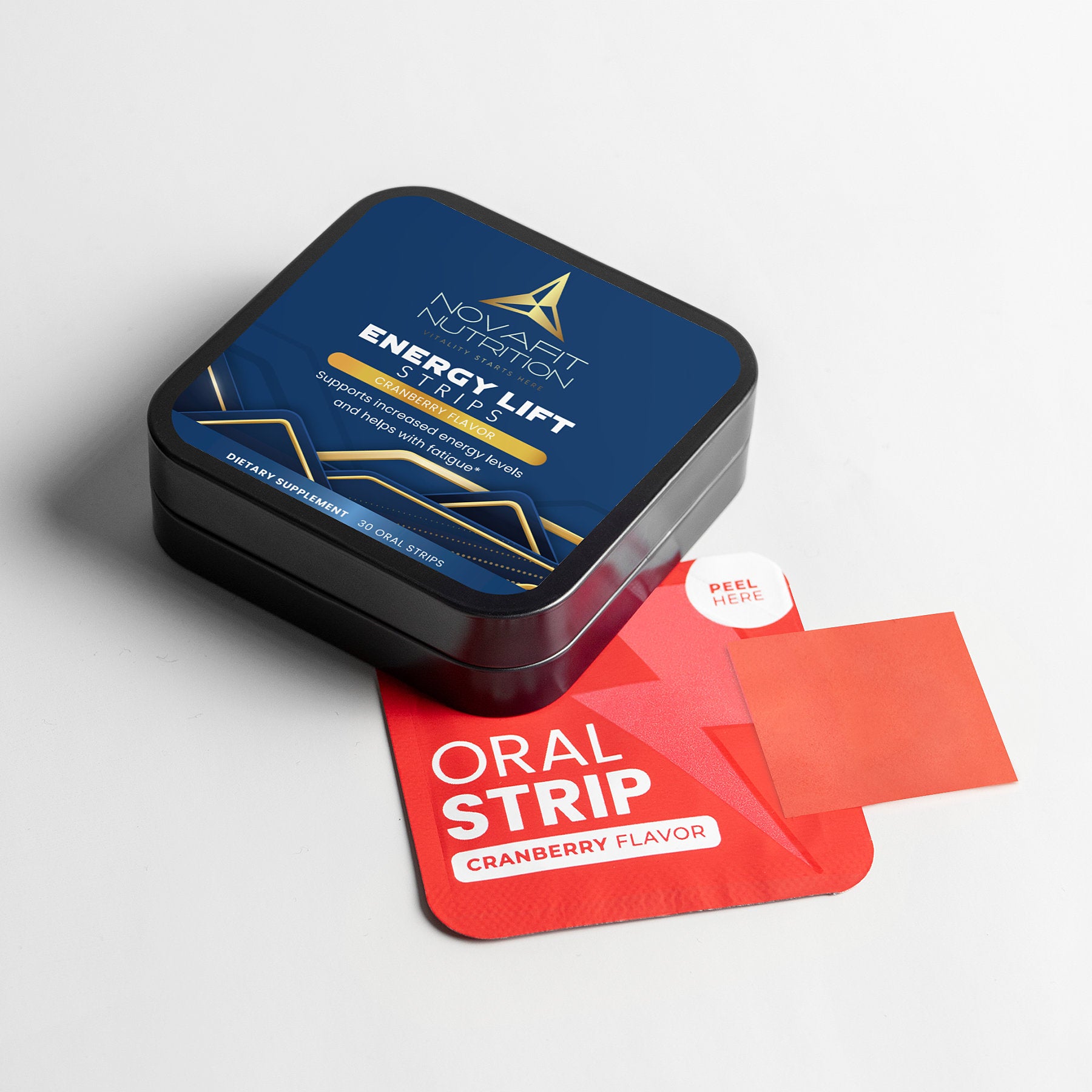 A box of energy lift strips and red oral strips on a white background. Say goodbye to jittery side effects and hello to smooth, sustained energy with our premium-grade strips.