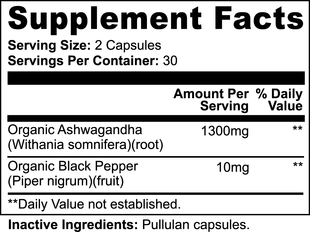 Novafit Nutrition Organic Supplement Label: Reduces stress, supports calm lifestyle, promotes mental health.