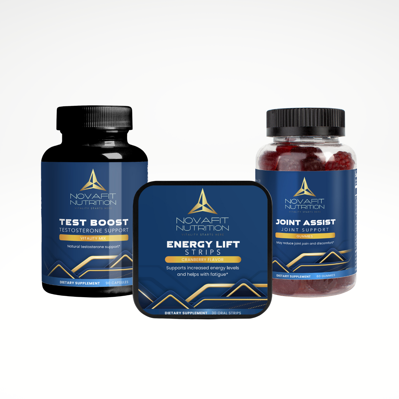 Enhance workouts with the energy lift kit in the Get Active Bundle, featuring two bottles of test boost and joint assist and a box of energy lift energy oral strips.