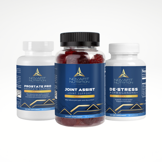 A bottle of Prostate Pro, Joint Assist, and De-Stress Ashwagandha - Men's Health Bundle: Expertly curated to support men's wellness, energy, vitality, and immune function.