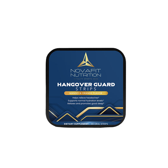 Hangover Guard Strips: White and gold label box representing Premium Hangover Strips, a natural remedy to restore energy levels and combat post-party fatigue.