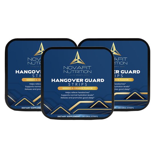 Three boxes of Hangover Guard: Convenient and effective relief strips for alleviating hangover symptoms on the go. Ideal for busy mornings or travel.